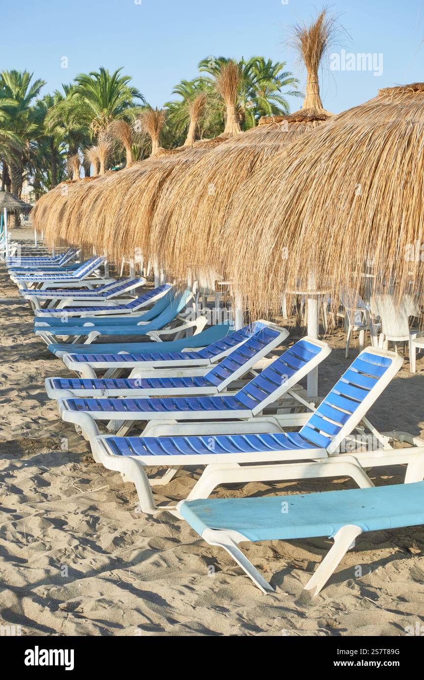 Vertical photo of a row of blue and white sun loungers with straw parasols on the sand of a beach in Torremolinos, Malaga, Andalusia, Spain Stock Photo