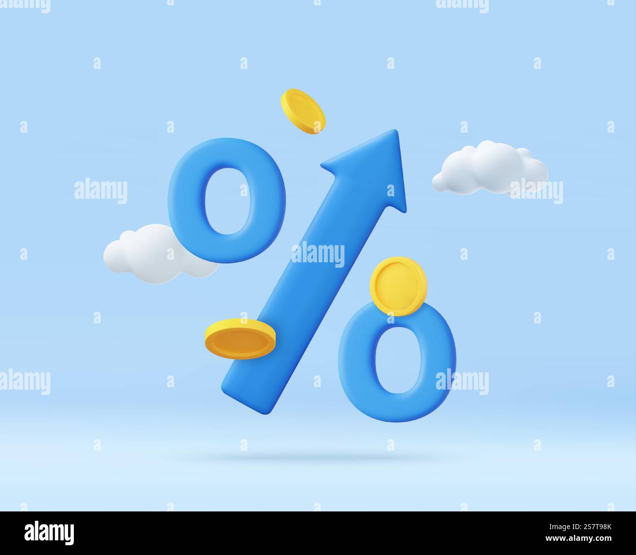 3d percent up arrow symbol icon. Growth concept, market analysis, investment or interest rate for a deposit. 3d rendering. Vector illustration. 3d percent up arrow symbol icon Stock Vector