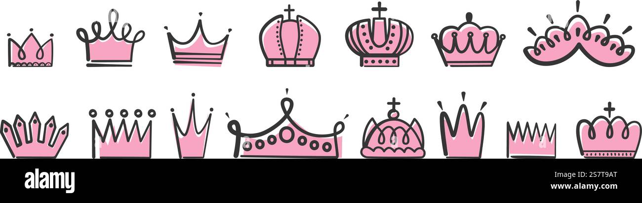 Hand drawn princess queen crowns. Doodle crown pink and black. Isolated ...