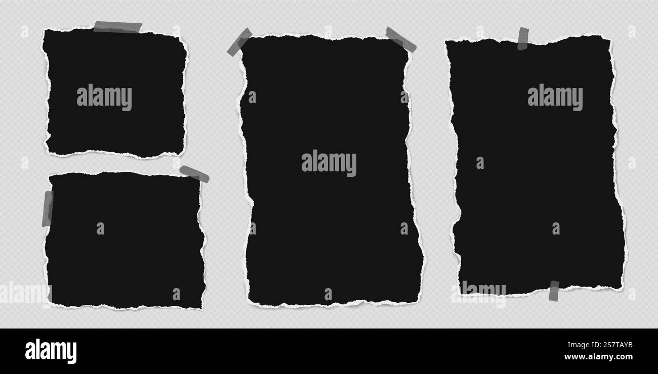Set of torn black note paper pieces with sticky tape are on transparent ...
