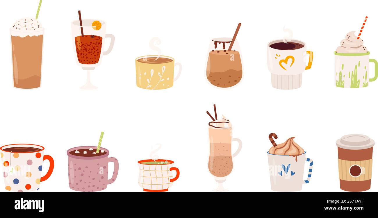 Isolated winter hot drinks. Chocolate latte and warm coffee with cinnamon sticks. Holidays drink in mug and cup. Cocoa and tea snugly vector clipart of drink cup of latte and coffee illustration. Isolated winter hot drinks. Chocolate latte and warm coffee with cinnamon sticks. Holidays drink in mug and cup. Cocoa and tea snugly vector clipart Stock Vector