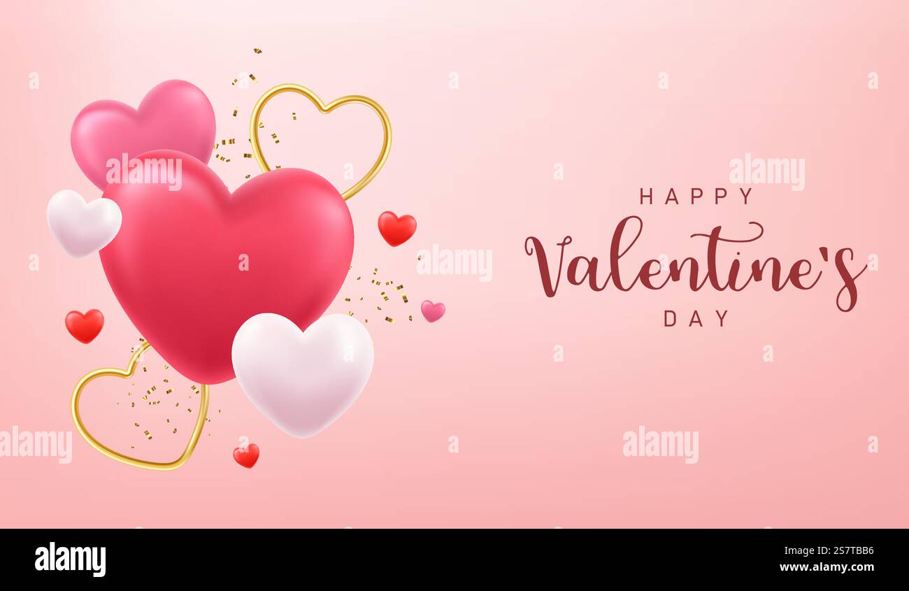 3d Happy Valentines Day banner with red heart balloons, gold metal ...