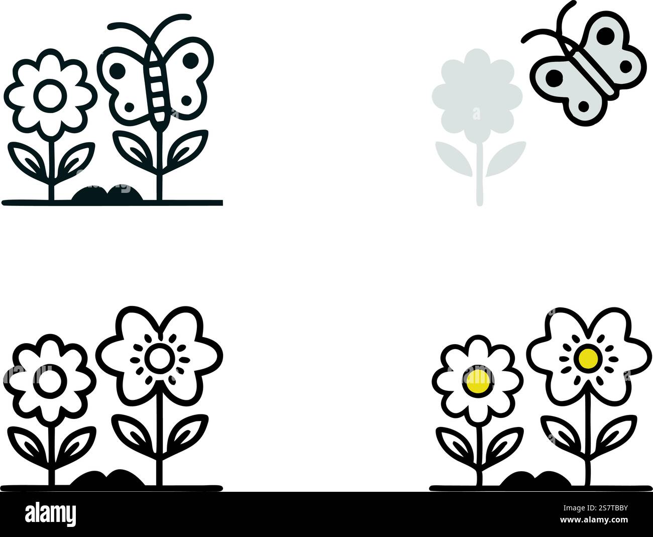 Beautiful vector line art icon set of garden flowers with a butterfly ...