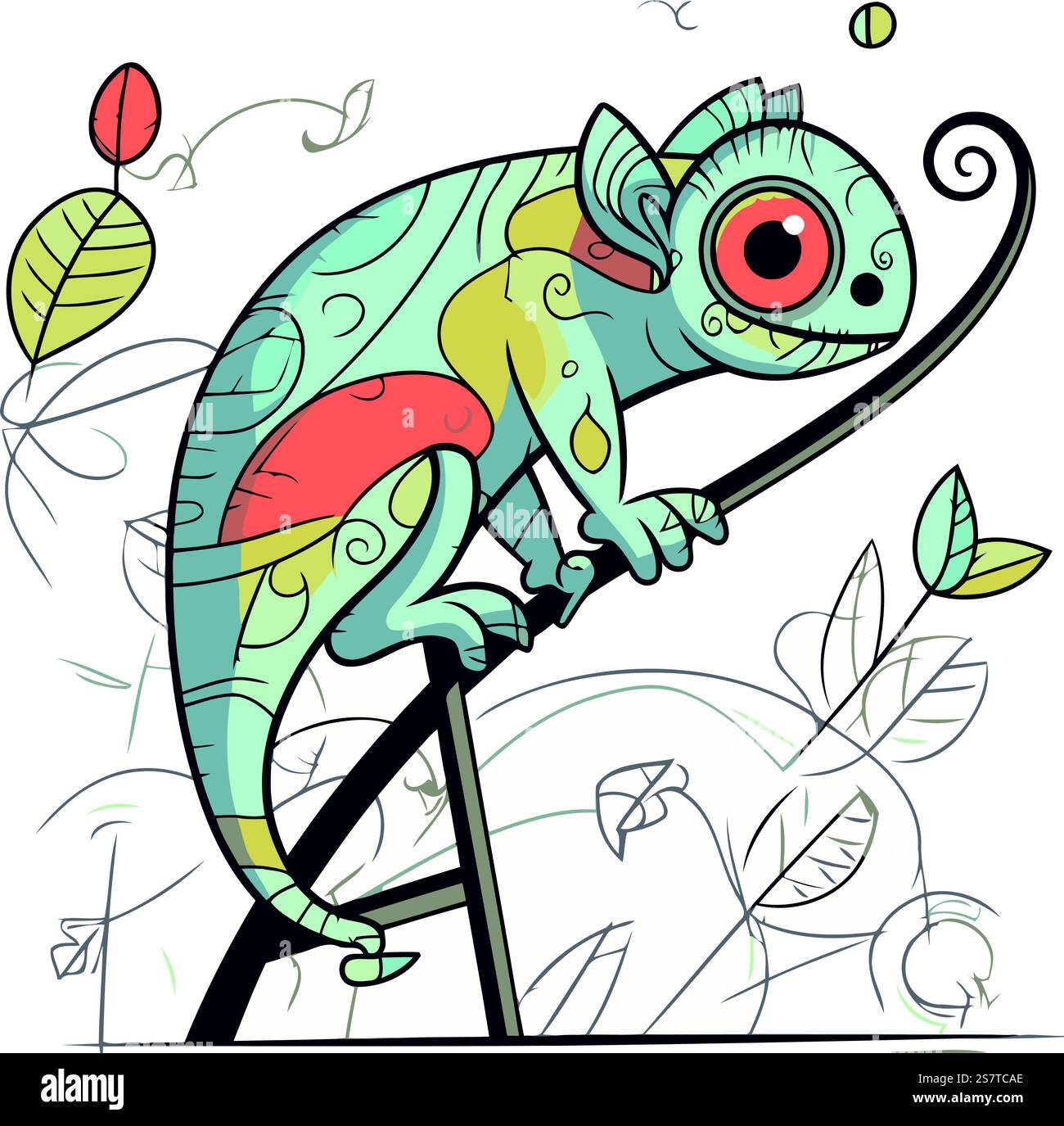 Cute chameleon on the tree branch. Vector illustration. Stock Vector