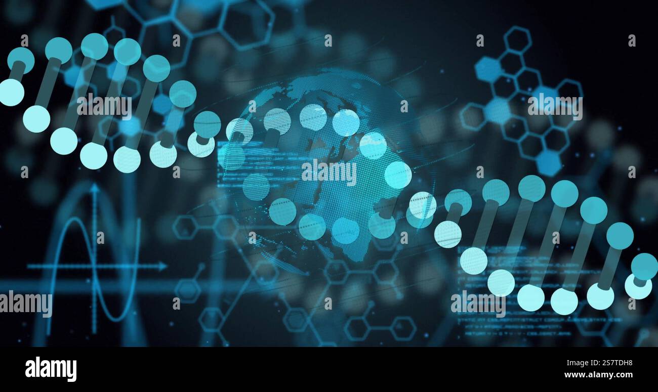 Image of digital data processing overglobe and dna strand spinning Stock Photo