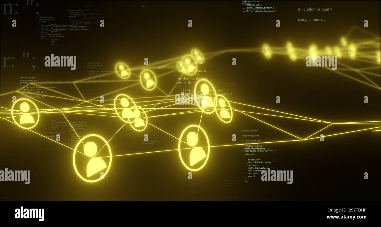 Network of connected user icons and code image over dark background Stock Photo