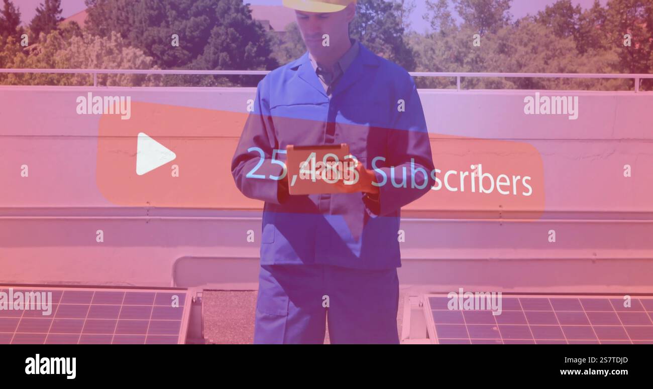Construction worker holding tablet over subscriber count image Stock Photo