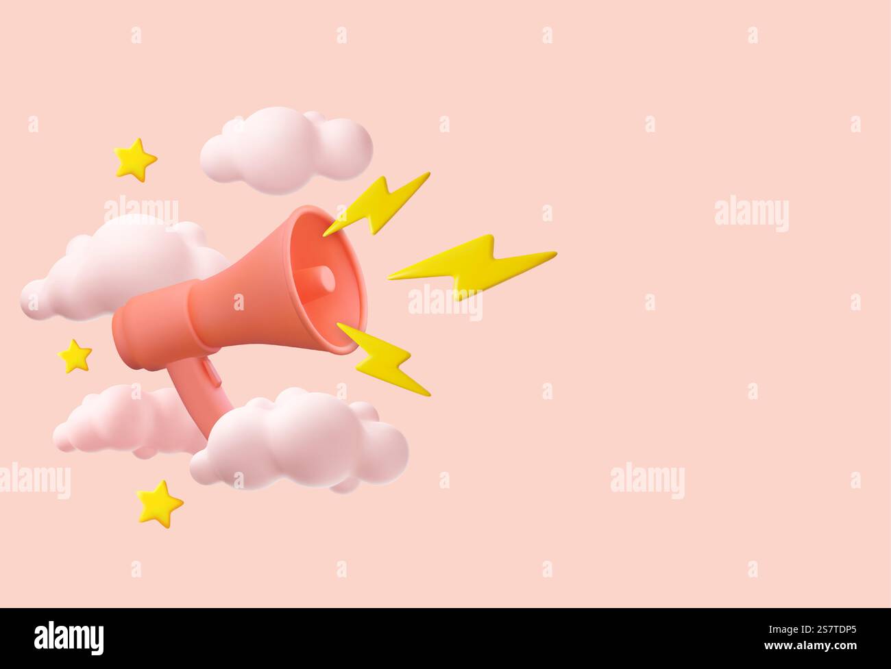 3d megaphone, loudspeaker with lightning with clouds and stars around ...