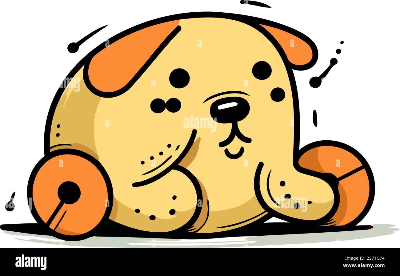 Cute cartoon dog sitting and playing with ball. Vector illustration ...