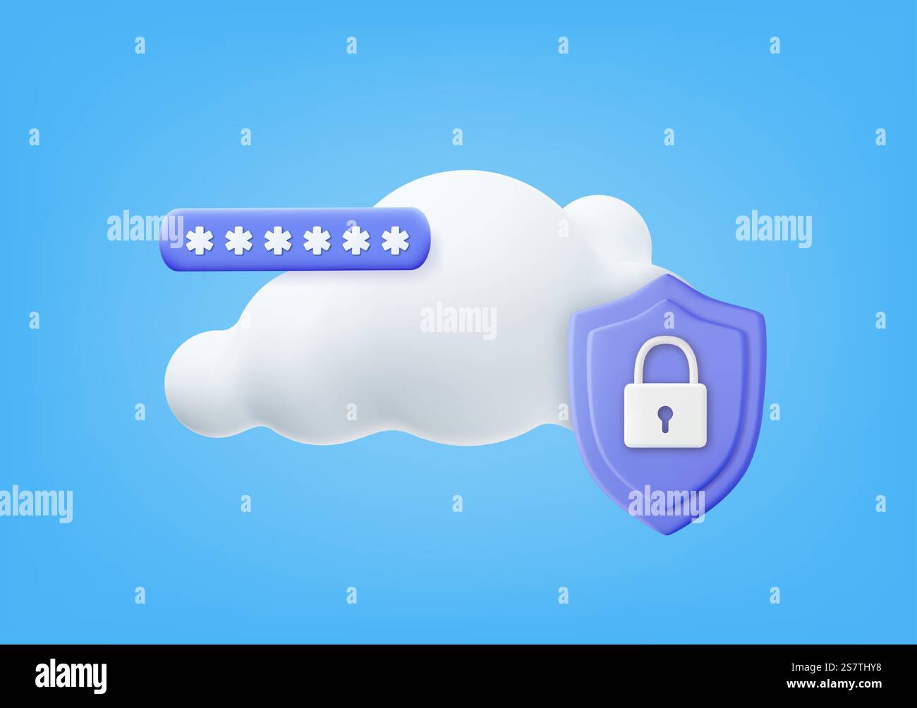 3d White fluffy cloud and locked padlock. Security concept. 3D rendering. Password protected icon for mobile applications and website concept. Vector illustration. White fluffy cloud and locked padlock Stock Vector