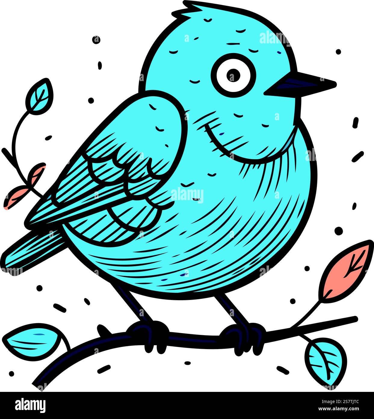 Cute cartoon blue bird on branch. Hand drawn vector illustration Stock ...