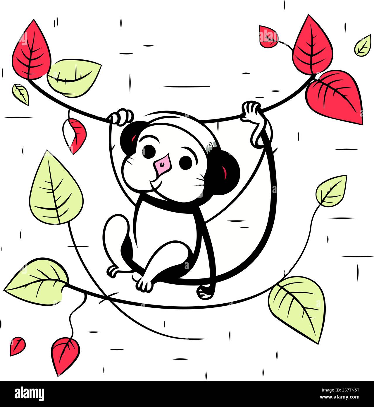 Cute cartoon monkey hanging on a rope with leaves. Vector illustration ...