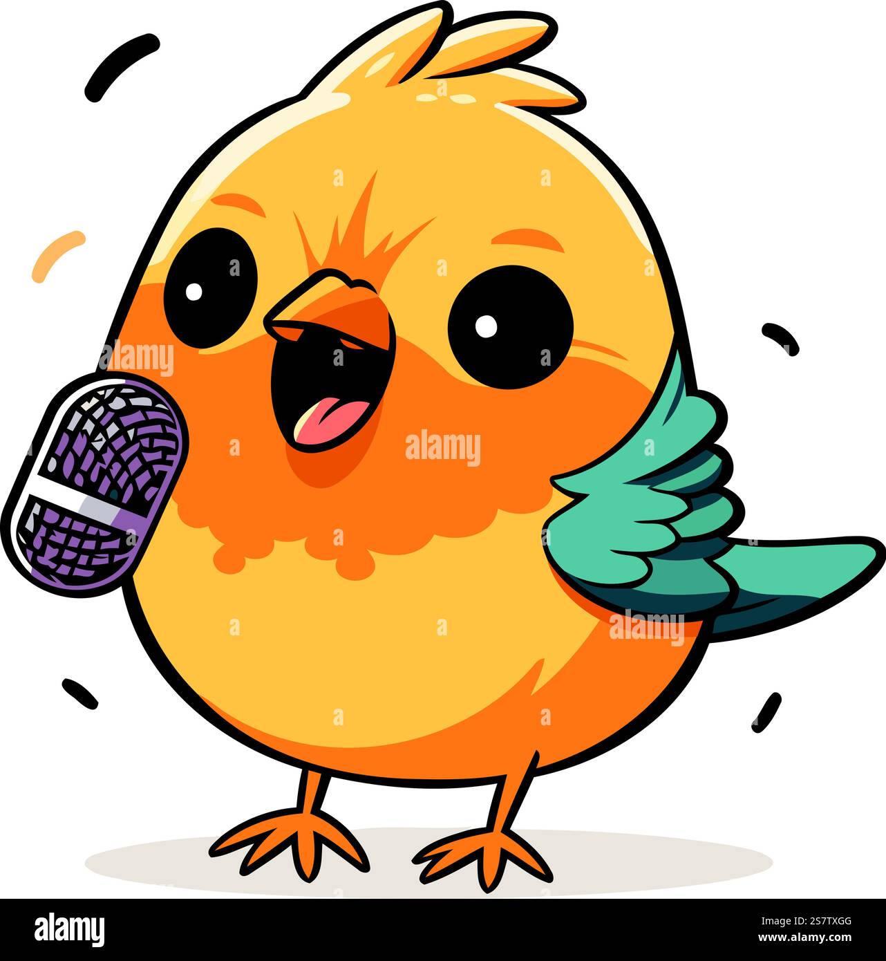 Cute cartoon bird singing karaoke with microphone. Vector illustration ...