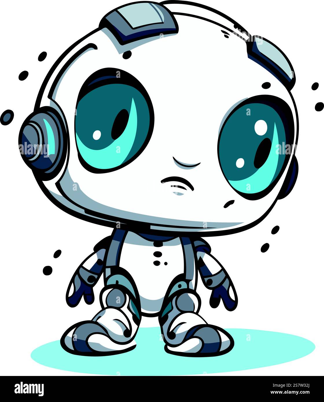 Cute little robot with big eyes and headphones. Vector illustration ...