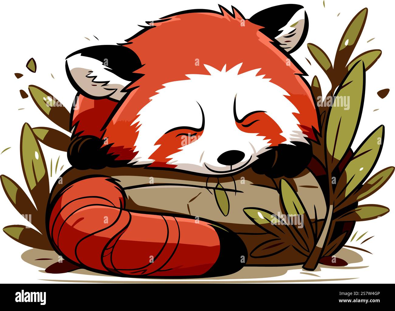 Cute red panda sleeping on a log. vector illustration. Stock Vector