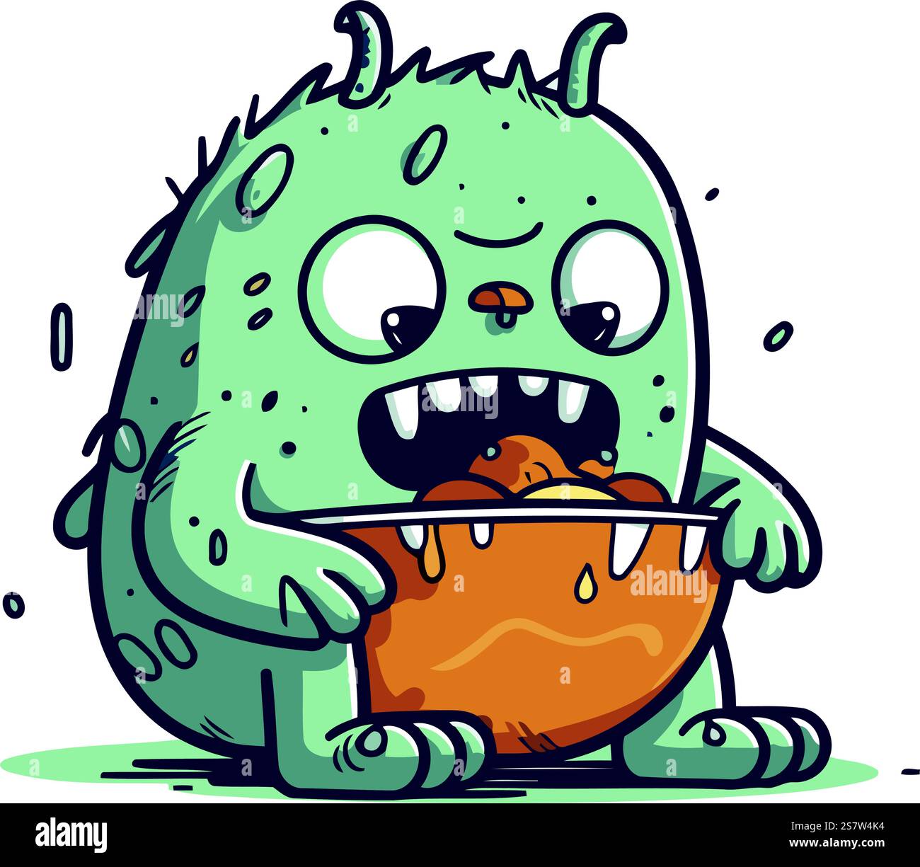 Cute cartoon monster with a bowl of food. Vector illustration Stock ...