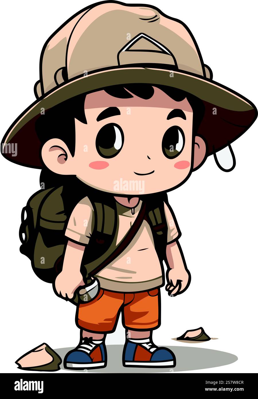 Boy wearing safari hat with backpack. Vector illustration. Cartoon ...