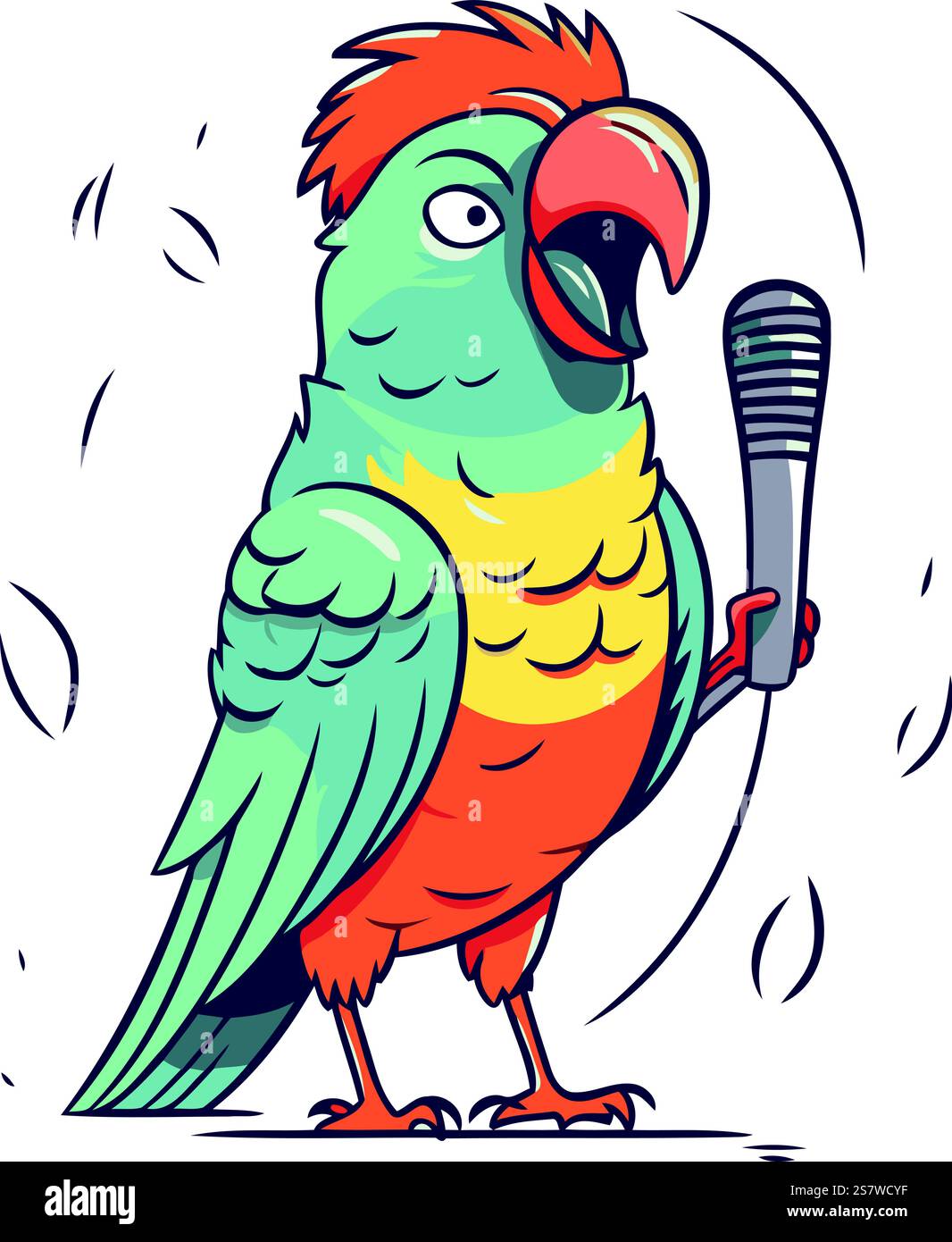 Cute parrot singing with microphone. Hand drawn vector illustration ...