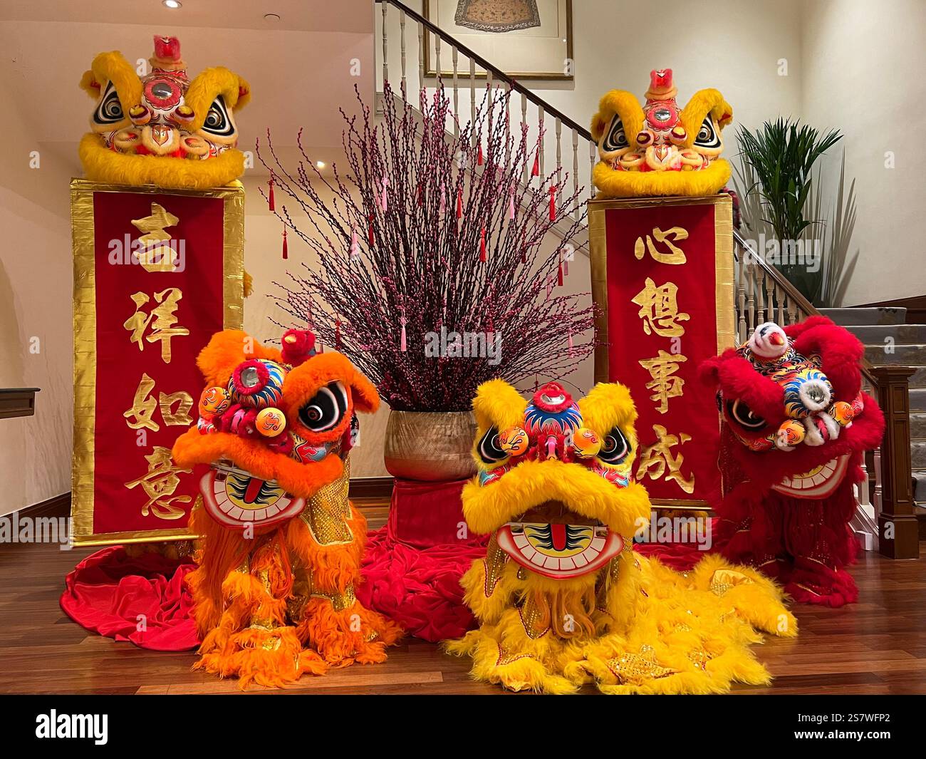 Beautiful red setting of four lion costume inside hotel interior. Far Chun couplets wishes everyone good luck, may your wish come true. Singapore. - Smartphone Captured Stock Image