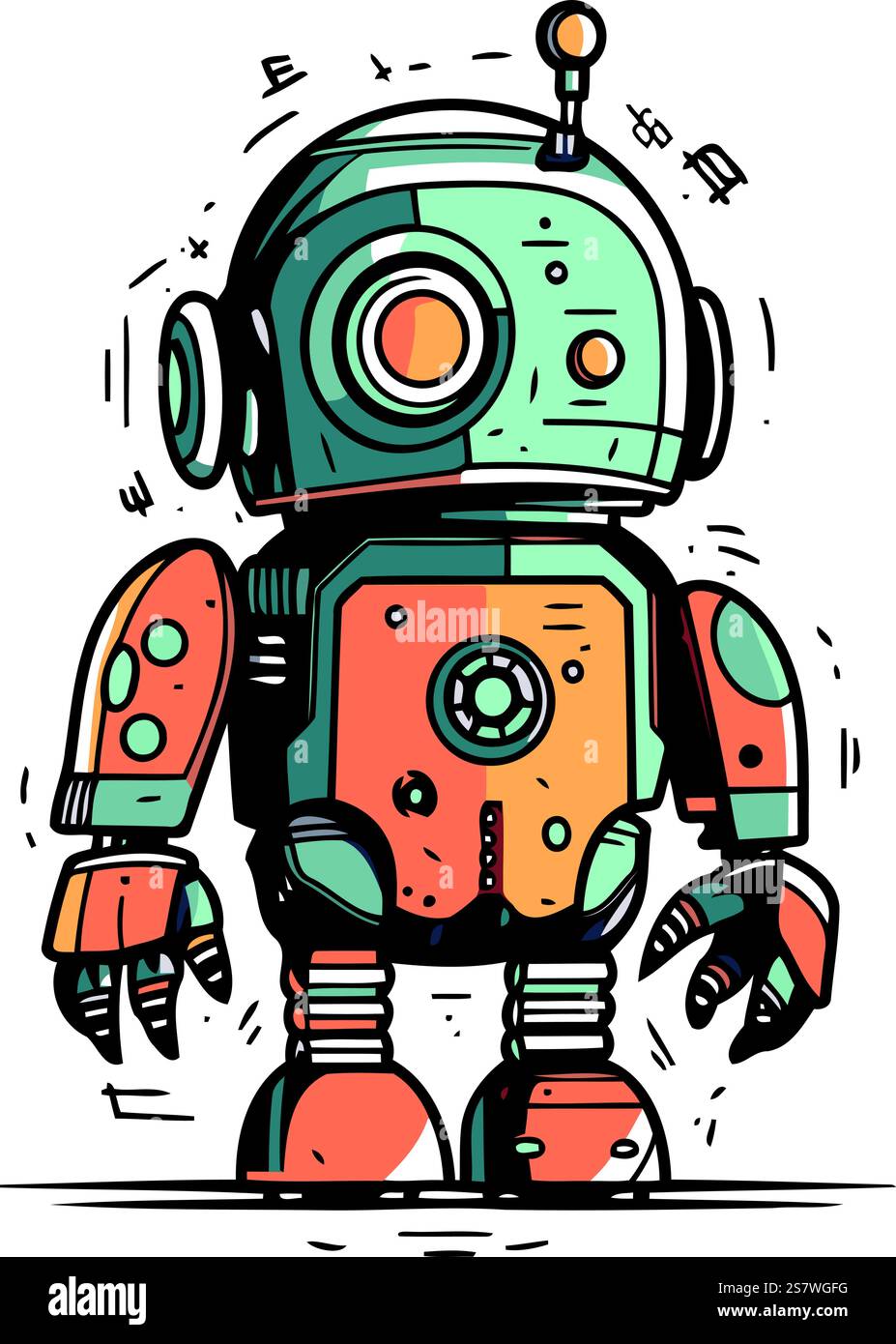 Vector illustration of cute cartoon robot in flat line style. Robot ...