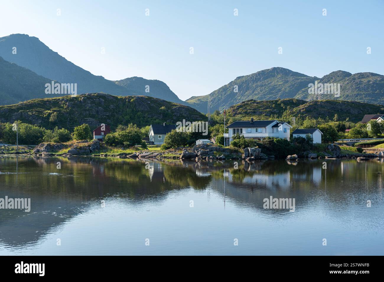 Landscape and townscape at Lake Reinesjøen, Ballstad, Lofoten, Norway, Europe Stock Photo