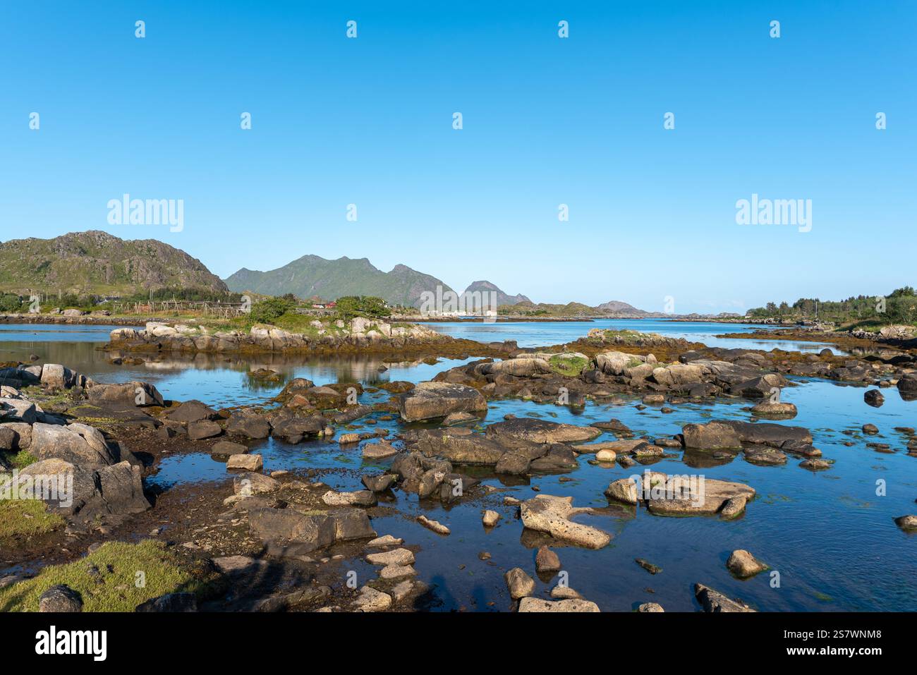 Landscape with view over Skotnesosen Bay, Ballstad, Lofoten, Norway, Europe Stock Photo