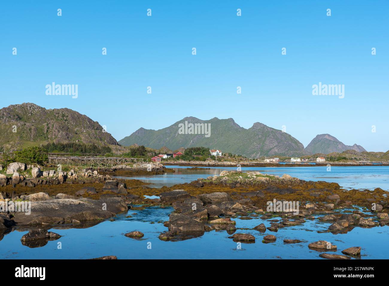 Landscape with view over Skotnesosen Bay, Ballstad, Lofoten, Norway, Europe Stock Photo