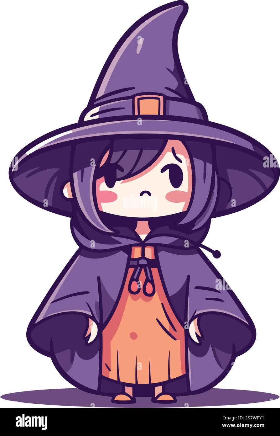 Cute little girl witch in halloween costume. Vector illustration Stock ...