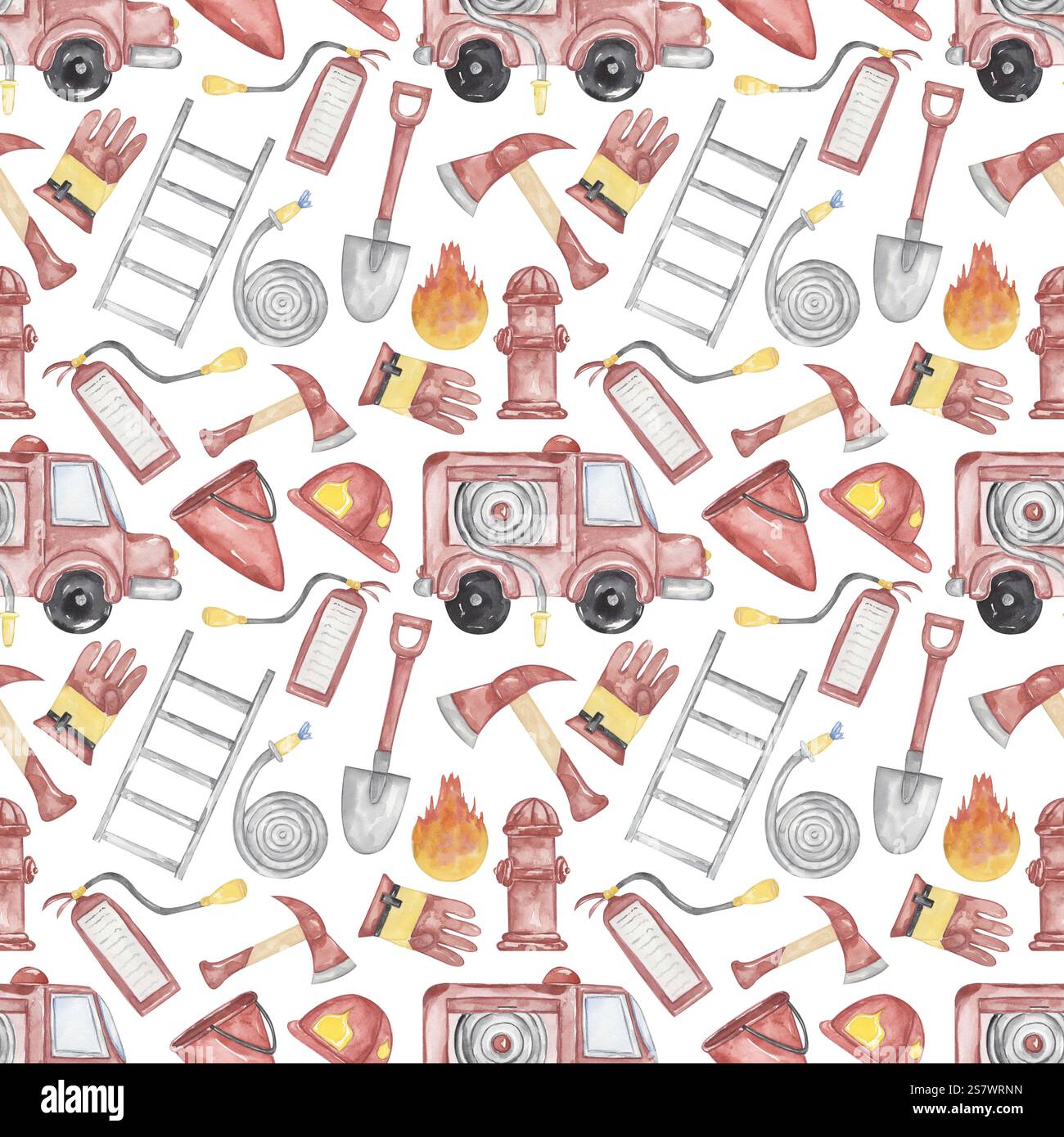 watercolor fireman objects seamless pattern, hose, car, glove, stairs ...