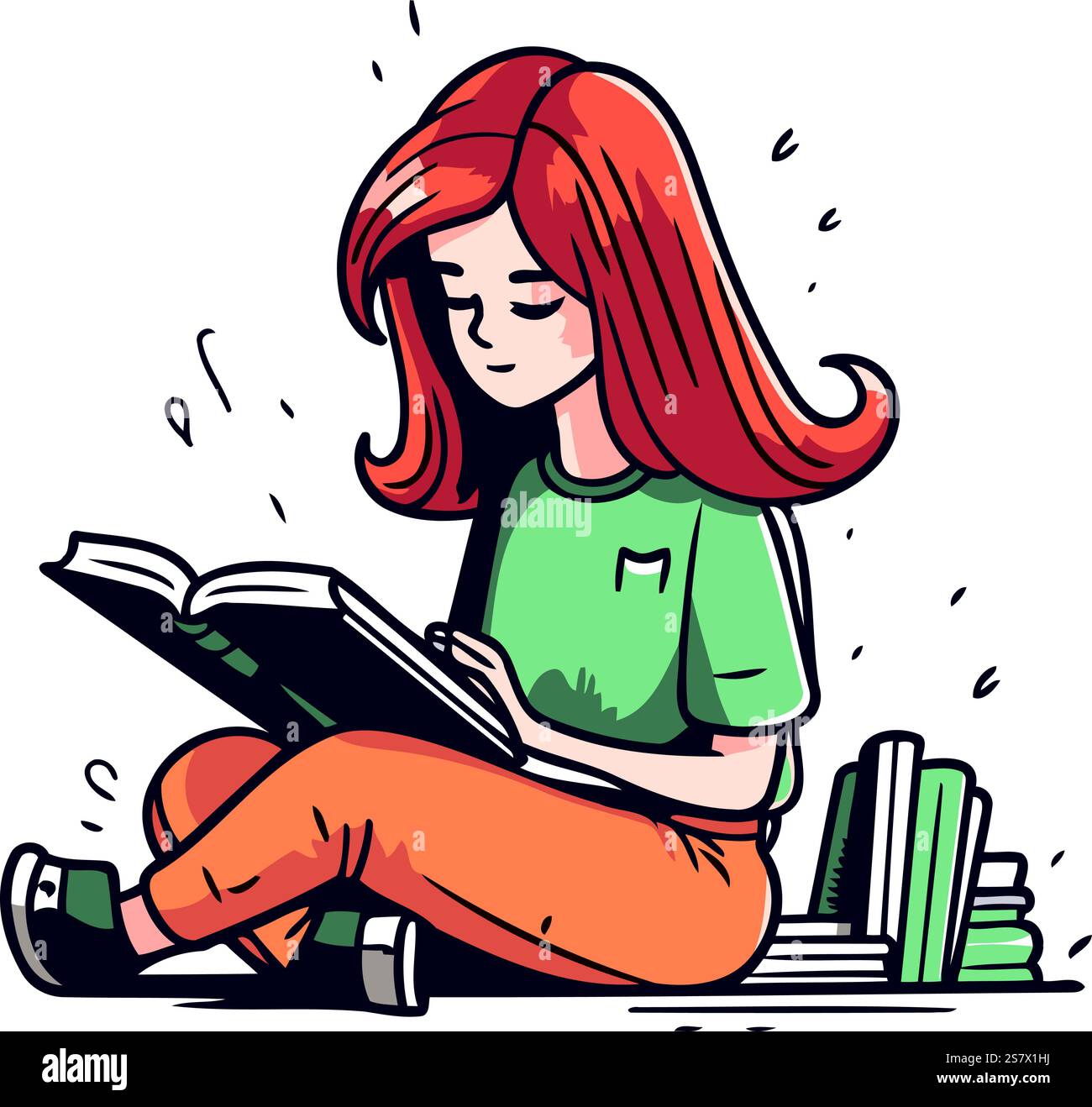 Girl sitting on the floor and reading a book. Vector illustration Stock ...