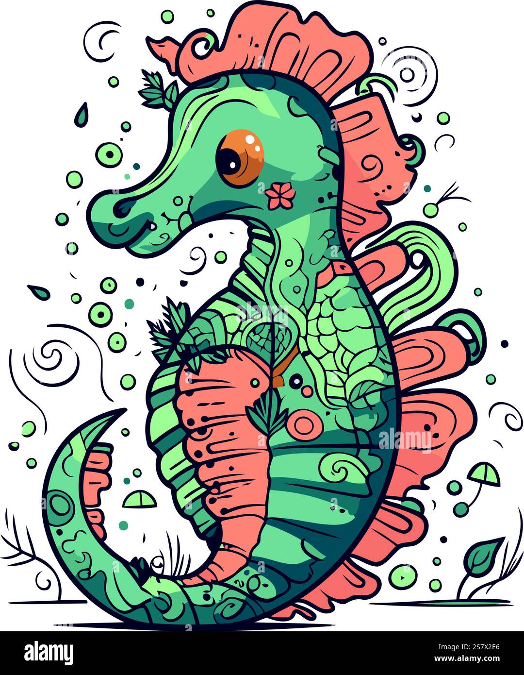 Vector illustration of cute cartoon seahorse with carrot in doodle ...
