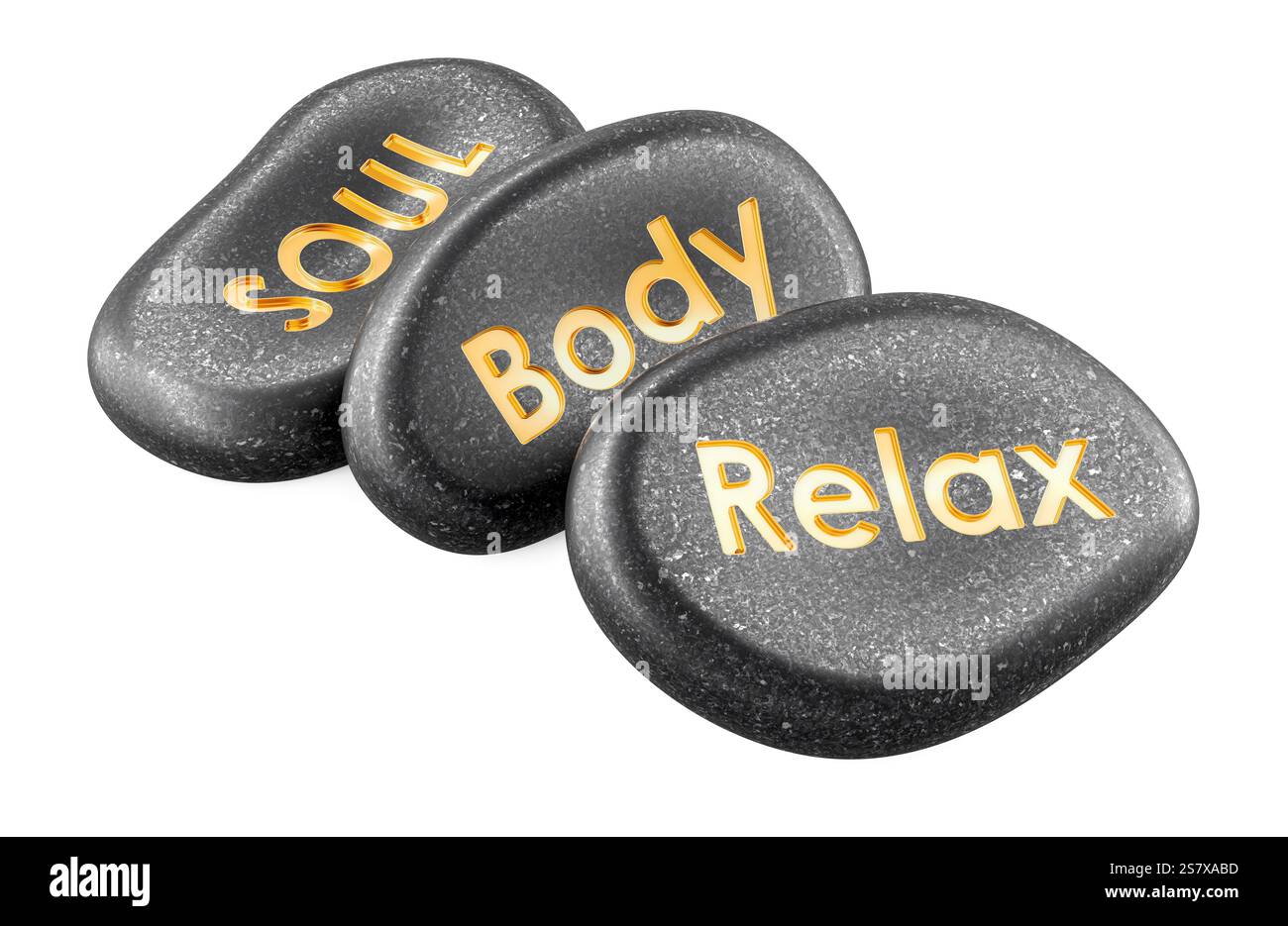 Massage Stones for spa therapy. Soul, body, relax inscription on the ...