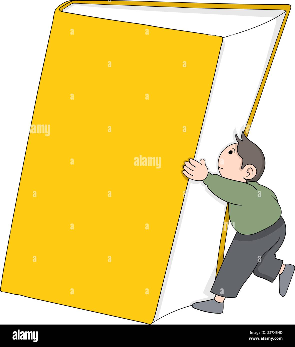 A cartoon man pushing a massive yellow book, representing the pursuit ...