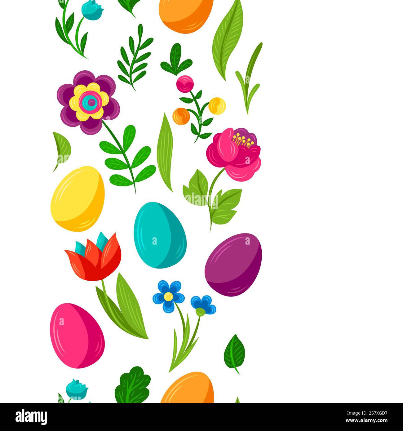 Happy Easter pattern. Cute bunnies, eggs and flowers for celebration. Stock Vector