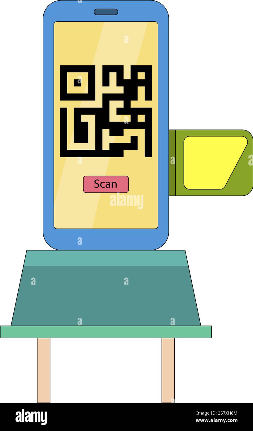 This vector illustration shows a smartphone screen displaying a QR code with a prominent scan button, positioned on a small stand Stock Vector