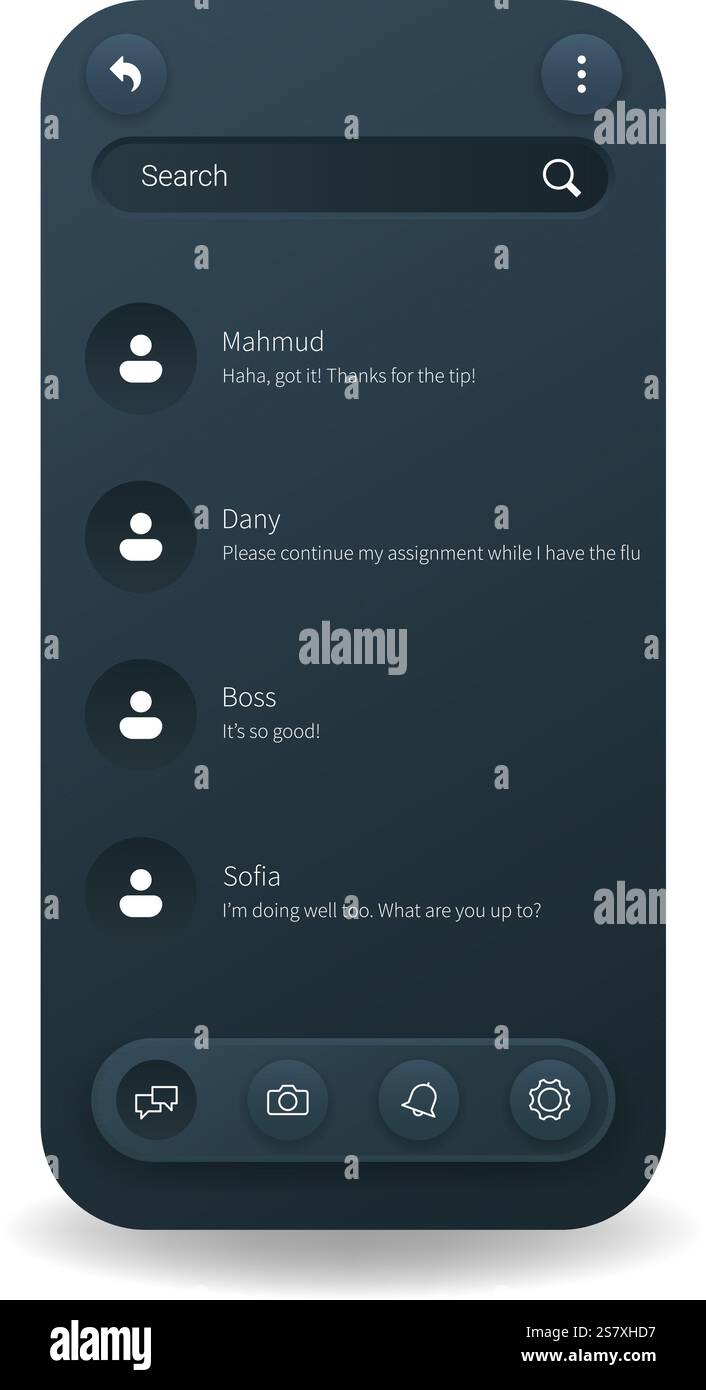 A modern social media chat template featuring a user friendly interface with a search bar, user conversations, and interactive buttons Stock Vector