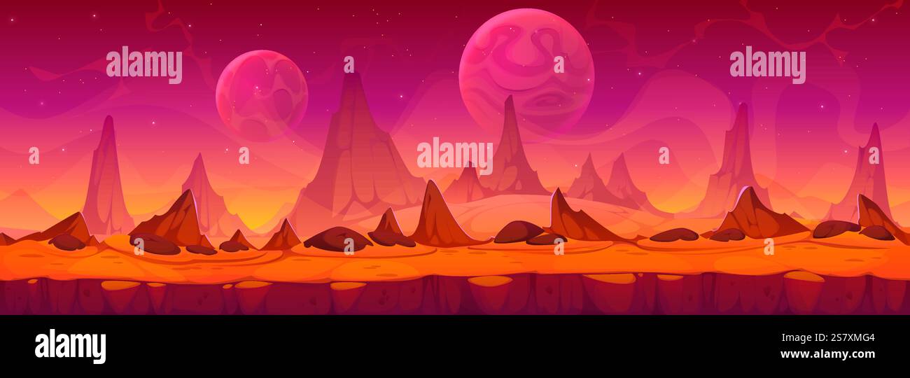 Alien space planet landscape with red terrain and multiple planets in ...