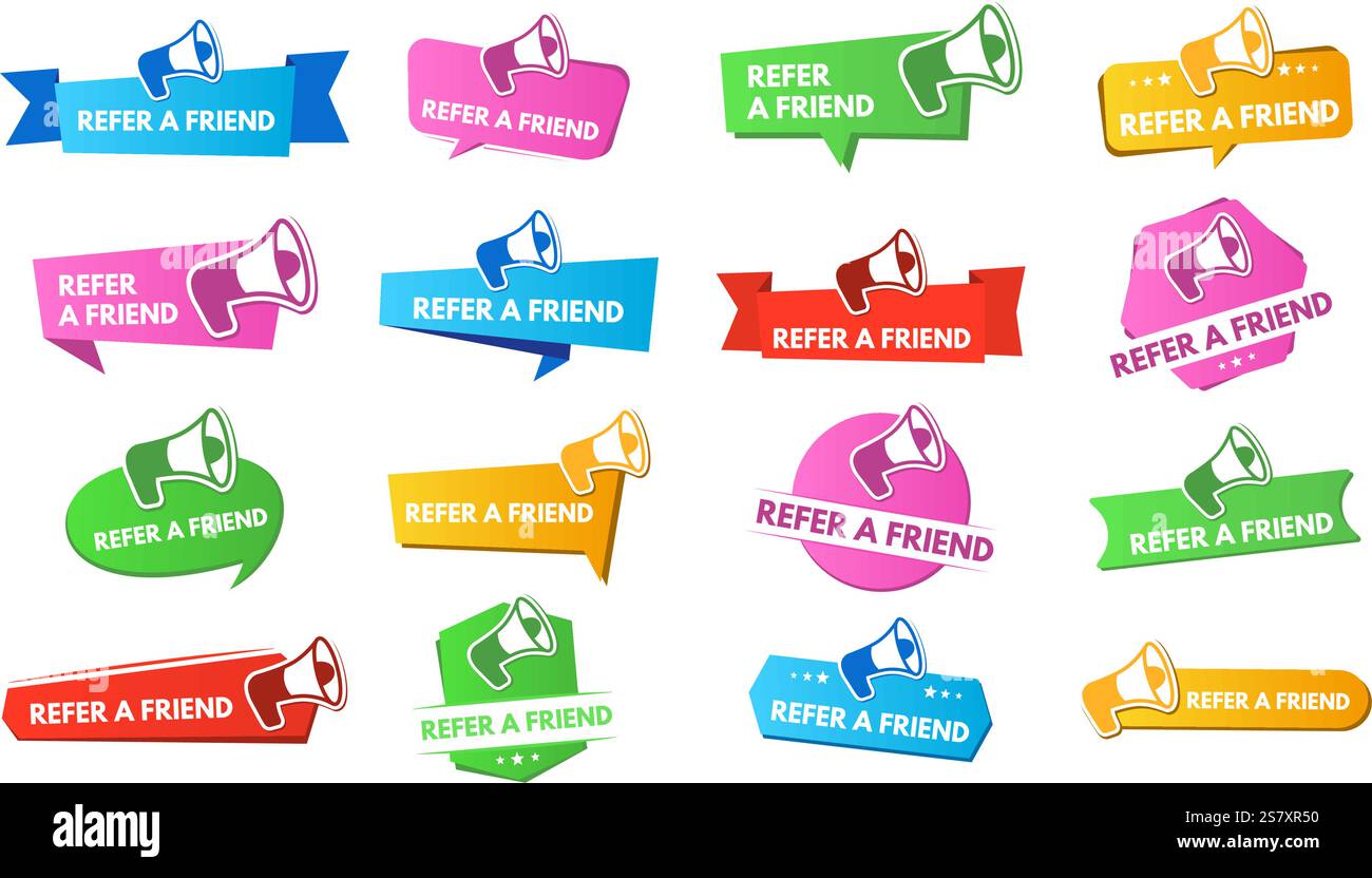 Refer a friend badges. Referral program label, speech bubble frames and ...