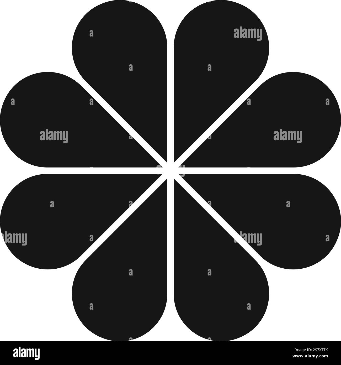 Flower silhouette with 8 petals. Floral diagram or pie chart divided on equal eight segments in leaf shapes isolated on white background. Layout for data presentation. Vector graphic illustration. Stock Vector
