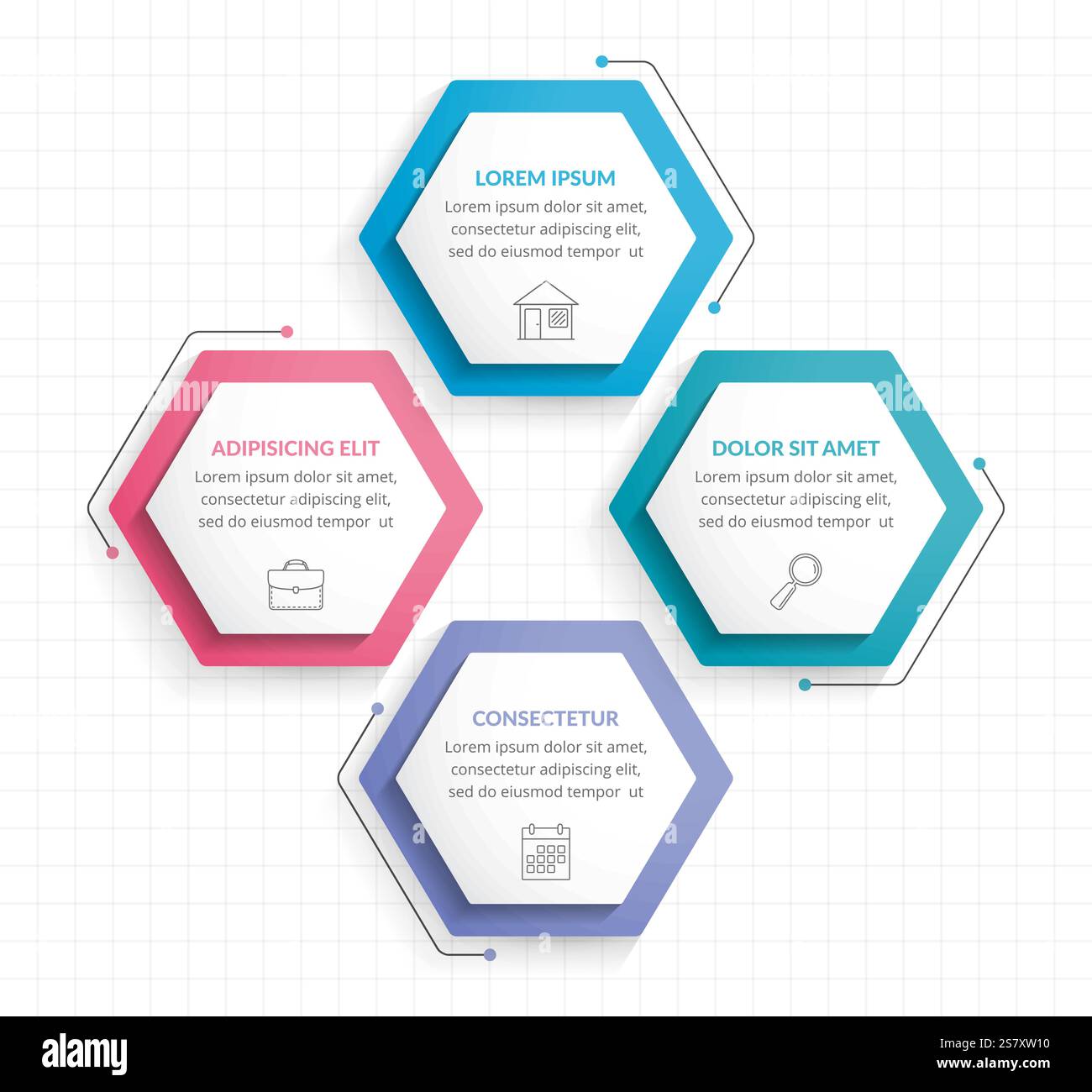 Infographic template with four hexagons with line icons, process chart ...