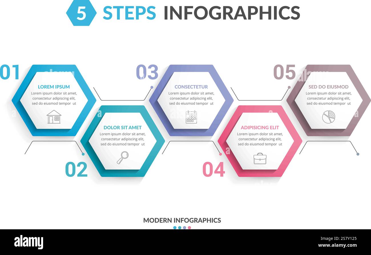Infographic template with 5 hexagons with line icons, process chart ...