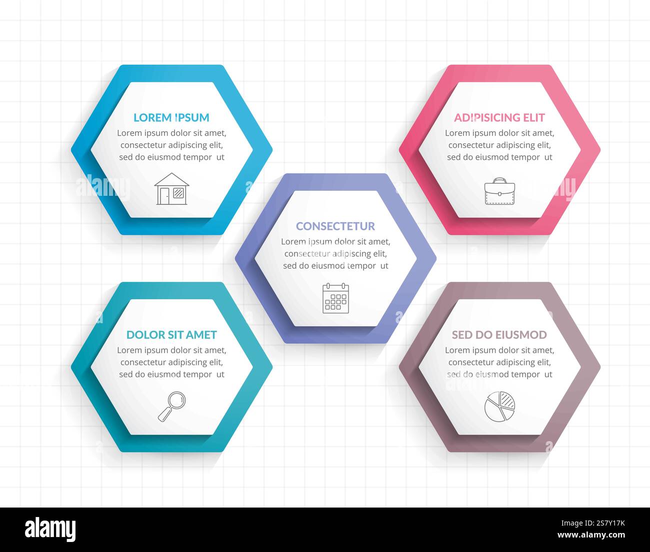 Infographic template with five hexagons with line icons, process chart, vector eps10 illustration Stock Vector