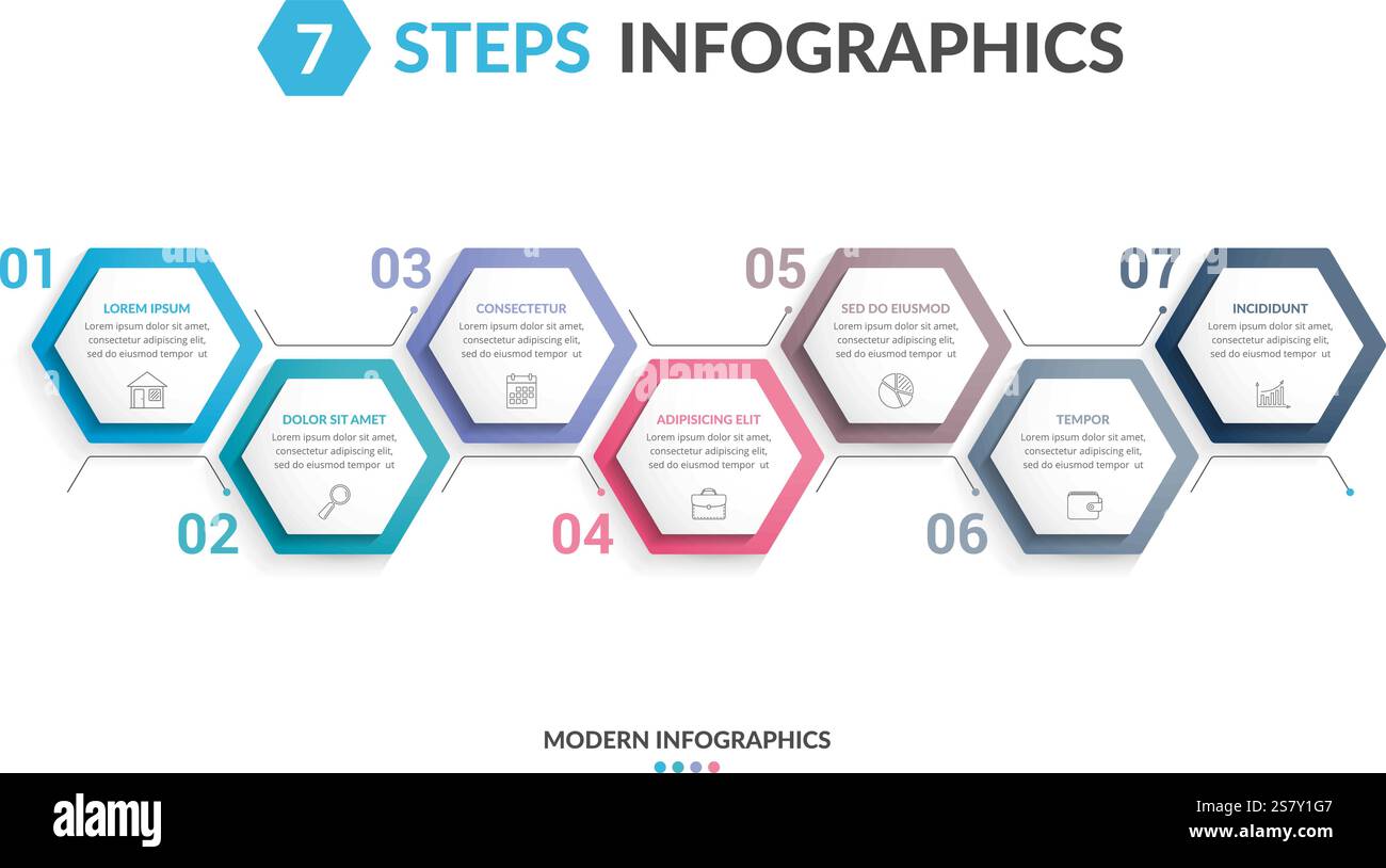 Infographic template with 7 hexagons with line icons, process chart ...