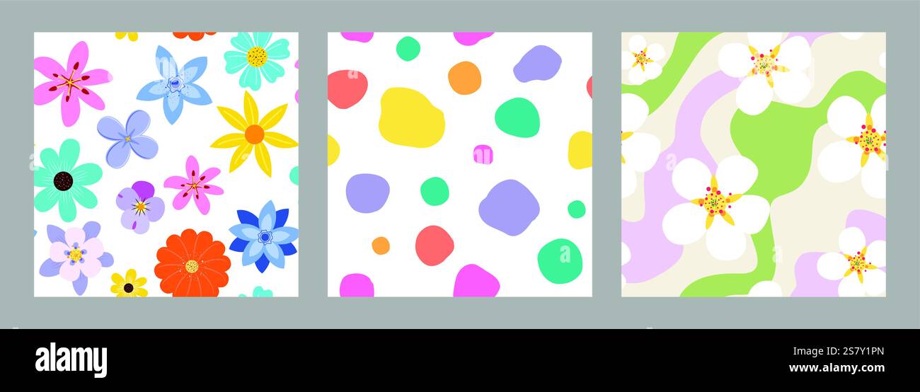 Flowers seamless pattern clipart set. Spring flower continuous drawing ...