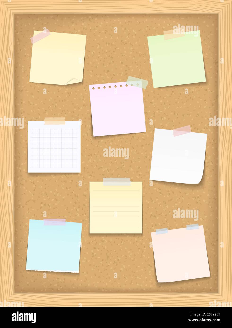 Eight blank paper notes on vertical bulletin board, vector eps10 ...