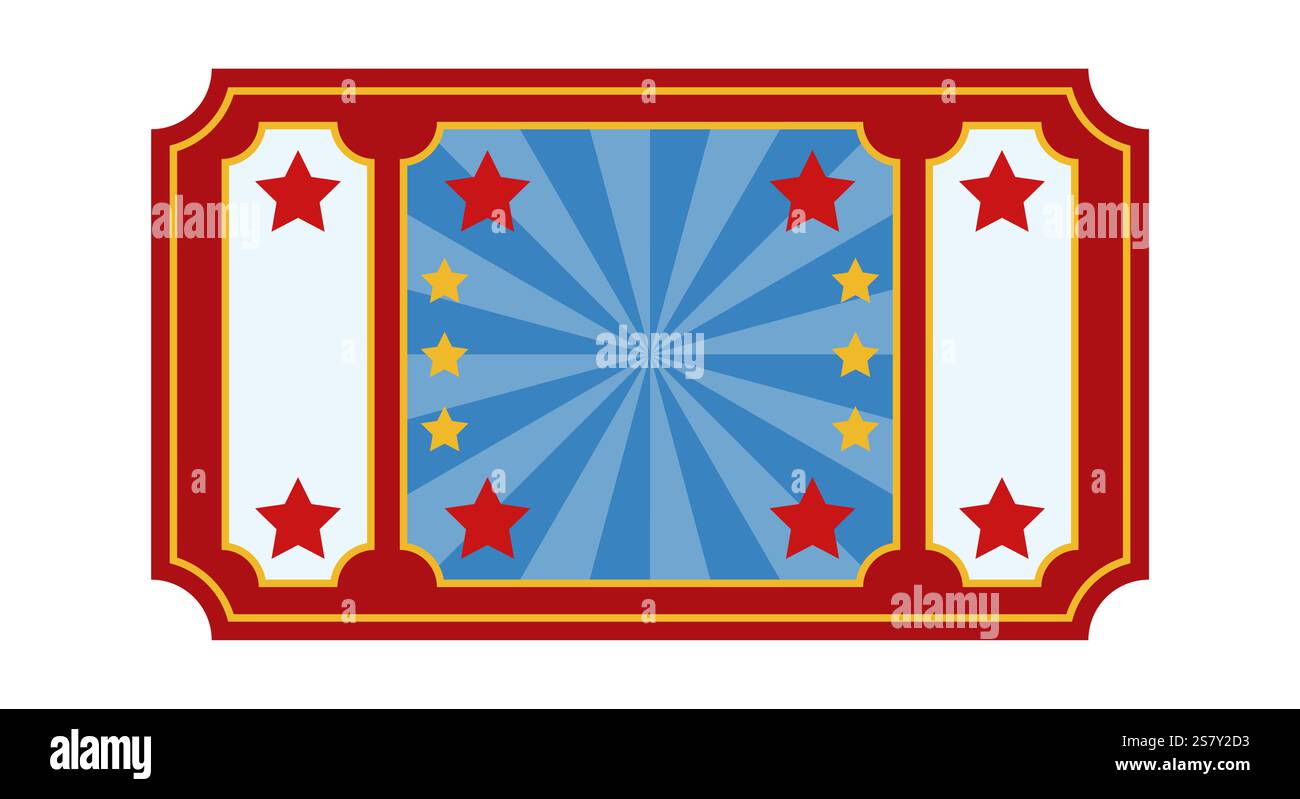Retro ticket for entrance to carnival, circus, cinema, theater, casino, club. Vintage coupon or lottery ticket in flat style. Blue, red, gold, yellow Stock Vector