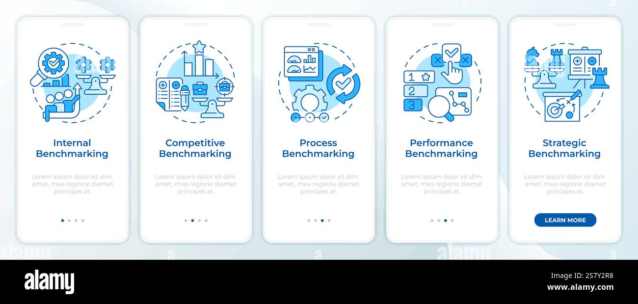 Types of benchmarking blue onboardingmobile app screen Stock Vector