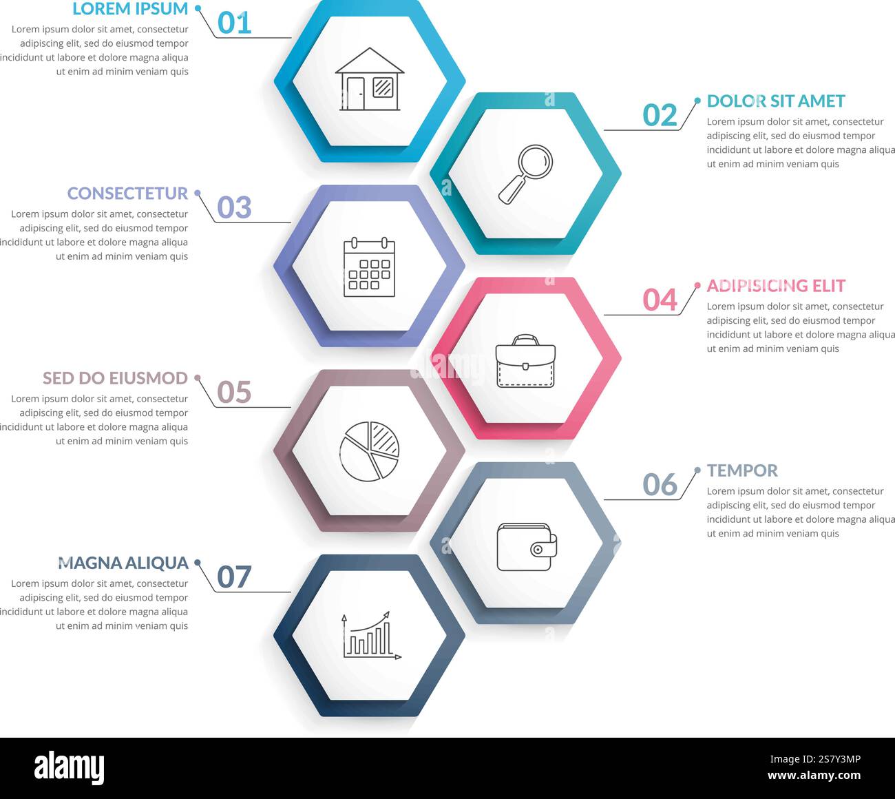 Infographic template with 7 hexagons with line icons, process chart ...