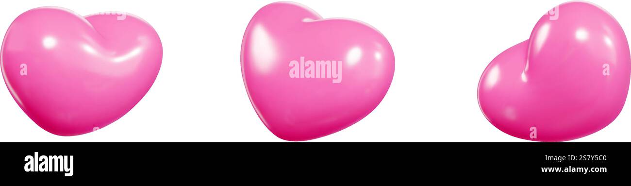 Pink heart shaped balloon 3d vector set floating from different angles. Stock Vector