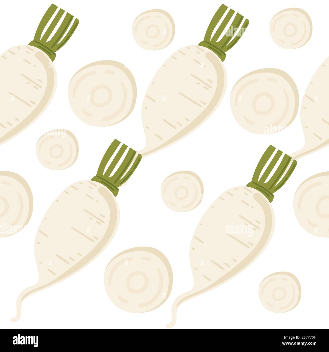Seamless pattern. Fresh tasty white daikon with green tops. Radish organic food, agriculture crop. Whole and slice root vegetable. Vector illustration Stock Vector